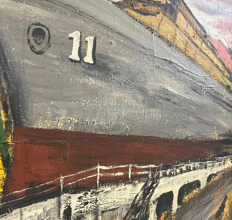 Vintage Mid-Century Industrial Shipyard Painting Signed Framed Harbor Maritime Scene