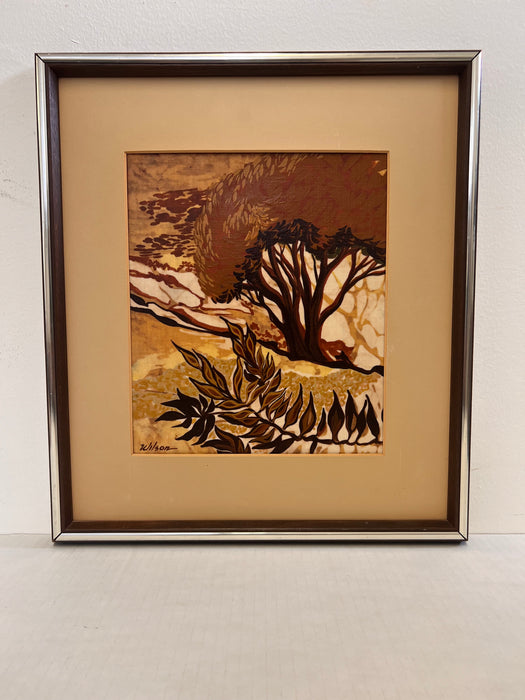 Vintage Mid Century Modern Batik Style Abstract Framed Painting Landscape