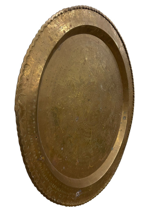 Large Decorative Engraved Brass-Toned Tray with Scalloped Edge and Figural Motifs