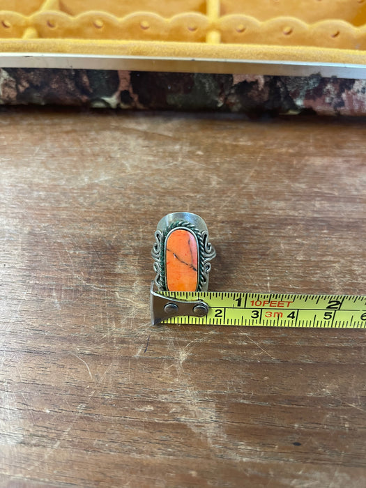 Vintage Adjustable Ring with Oval Orange Stone and Scrollwork Setting