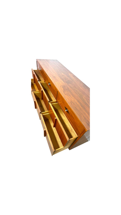 Vintage Mid-Century Modern 9 Drawer Dresser With Diamond Parquet Accent Inlay and Dovetailed Drawers