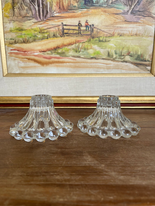Vintage Pressed Glass Candle Holders with Hobnail Edge, Set of Two
