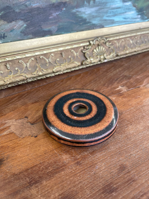 Signed Hank Greer Studio Pottery Donut Vase with Brown and Black Oxide Rings