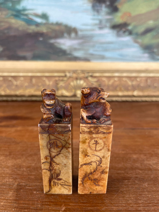 Pair of Hand-Carved Chinese Soapstone Zodiac Seals - Monkey and Ox with Landscape Engravings