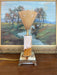1930s French Art Deco Style Table Lamp with Molded Peach Glass Fan Shade and Bronze toned Footed Base