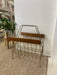 1960s Mid-Century Modern Brass Toned Wire and Wood Magazine Rack with Sculptural Handle