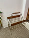 1960s Mid-Century Modern Brass Toned Wire and Wood Magazine Rack with Sculptural Handle