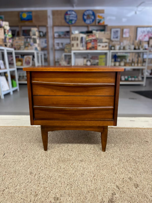 1960s Mid-Century Modern Likely Walnut Nightstand | 2-Drawer Bedside Table with Solid Wood Sculpted Handles & Dovetail Joinery
