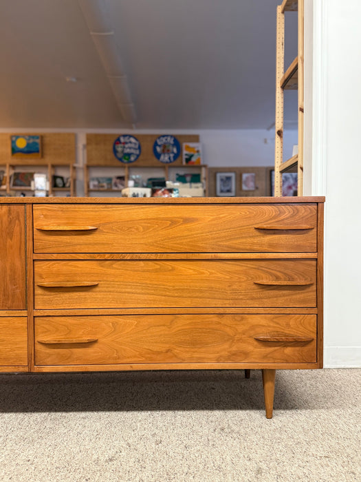 1960s Mid-Century Modern Possibly Teak Credenza / Dresser with Sculpted Pulls & Glass-Front Tray Drawers