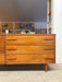 1960s Mid-Century Modern Possibly Teak Credenza / Dresser with Sculpted Pulls & Glass-Front Tray Drawers