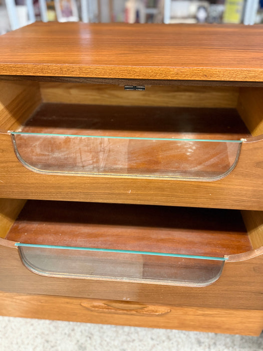 1960s Mid-Century Modern Possibly Teak Credenza / Dresser with Sculpted Pulls & Glass-Front Tray Drawers