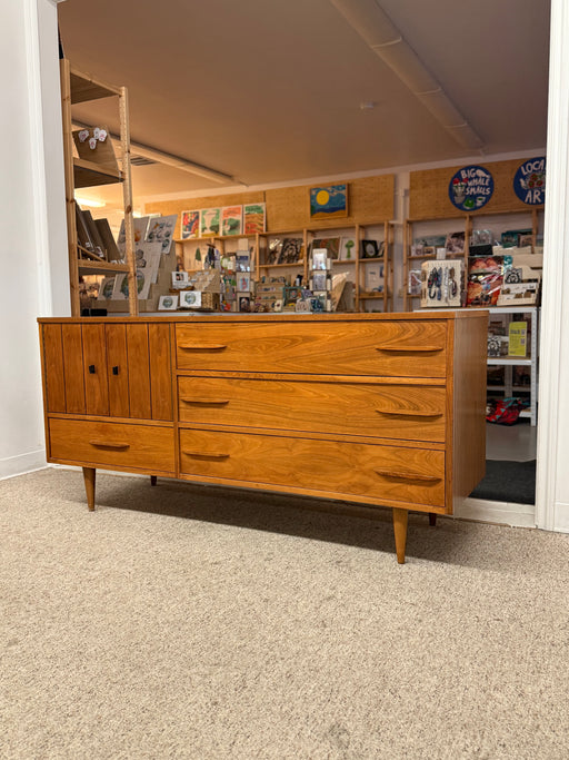 1960s Mid-Century Modern Possibly Teak Credenza / Dresser with Sculpted Pulls & Glass-Front Tray Drawers