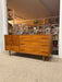 1960s Mid-Century Modern Possibly Teak Credenza / Dresser with Sculpted Pulls & Glass-Front Tray Drawers