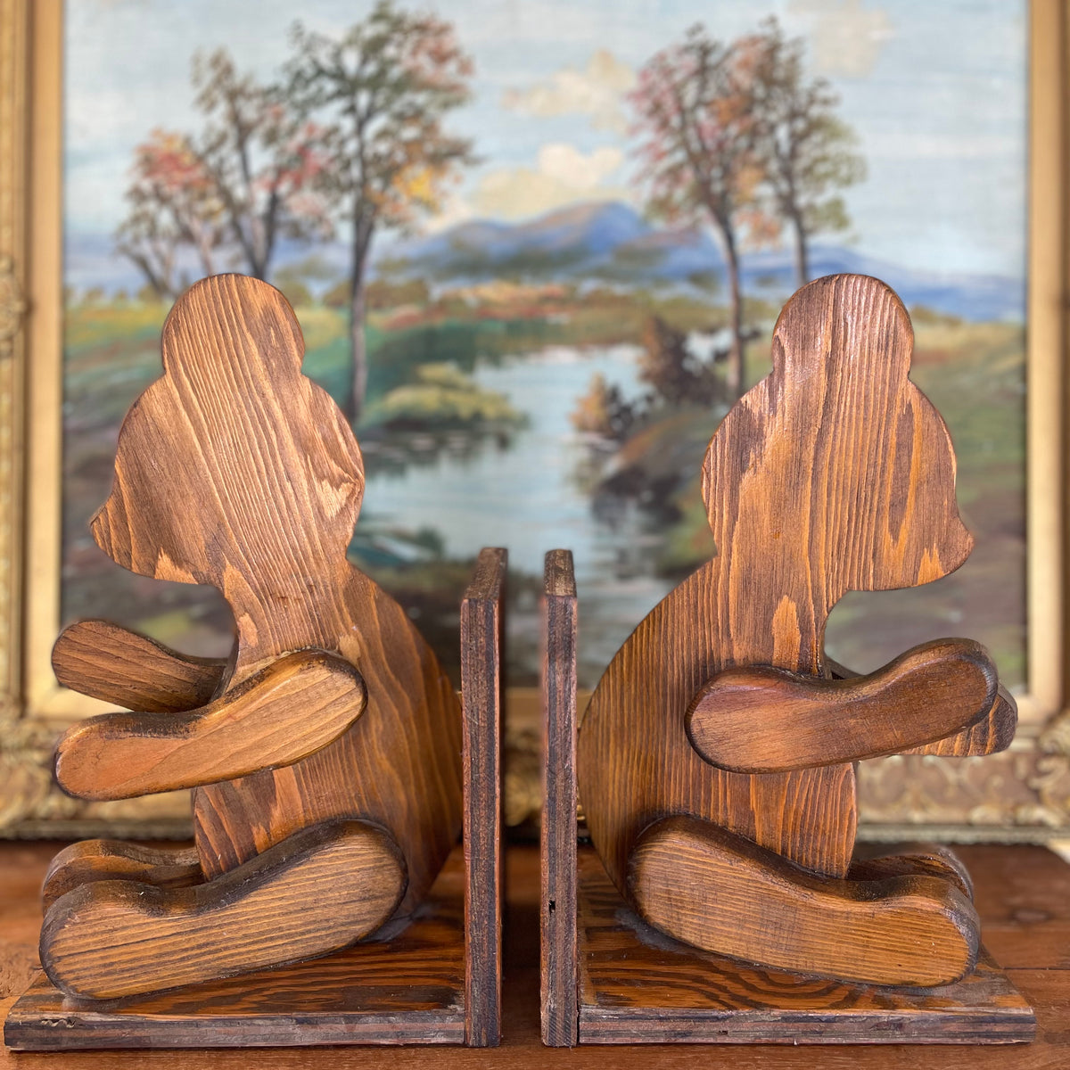 1970s Style Hand-Carved Wooden Bear Bookends - Rustic Folk Art