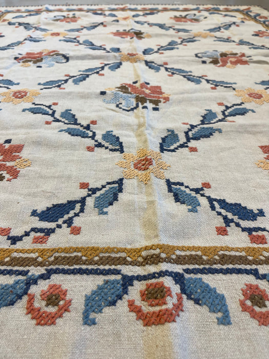 Vintage Hand-Embroidered Possibly Wool and Linen Floral Folk Art Rug with Geometric Border