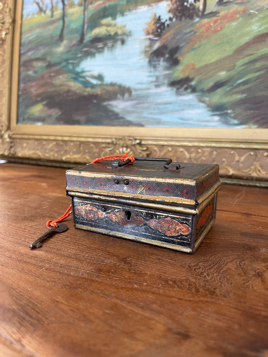 Likely Antique Toleware Painted Tin Lock Box with Key, 19th Century