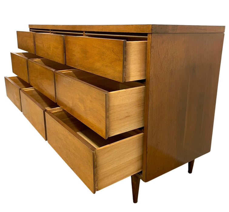 Mid Century Modern 9 Drawer Lowboy Dresser with Dovetail Drawers and Tapered Legs