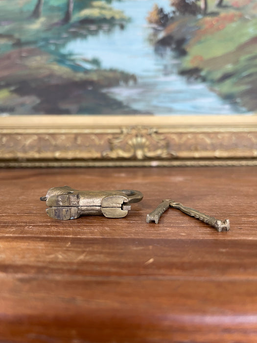 Antique Likely Brass Figural Dog Puzzle Lock with Original Keys, Early 20th Century