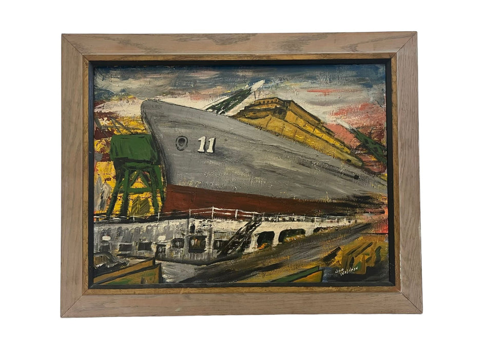 Vintage Mid Century Modern Style original Boat Yard painting.