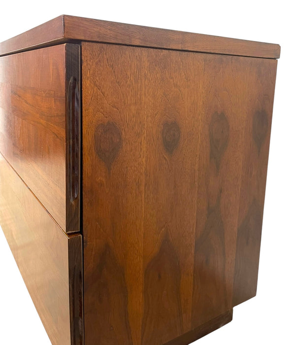 Vintage Mid-Century Modern Two-Drawer Nightstand with Book-Matched
Wood Grain