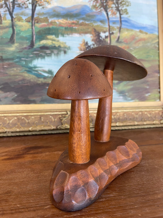 Vintage Mid-Century Hand-Carved Monkey Pod Wood Mushroom Sculpture by Leilani, Made in Philippines.