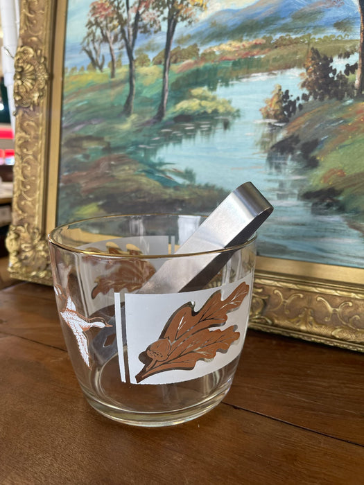 Mid-Century Ice Bucket with Ducks in Flight and Oak Leaf Motif, Gold Rim, and Stainless Steel Tongs - 1960s Sporting Barware.