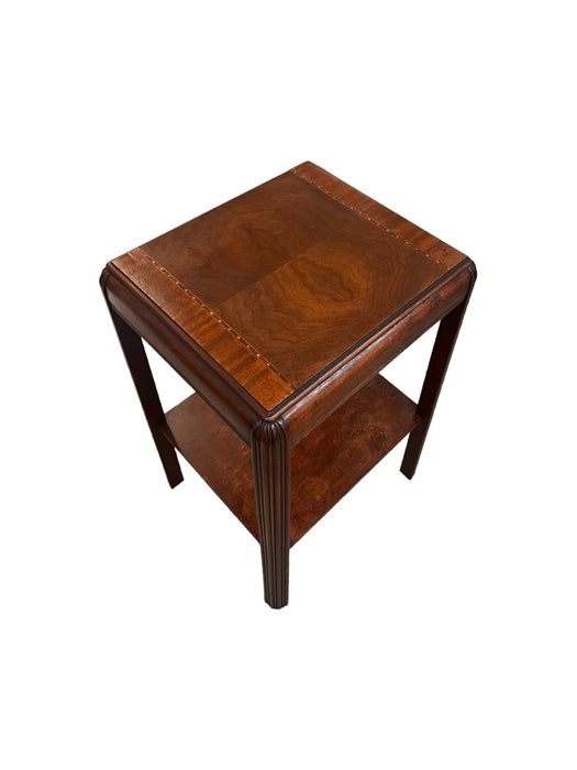 Vintage Art Deco Waterfall Mahogany End Table or Accent Table Shelf with Book-matched Burl Accents and Wood Inlays