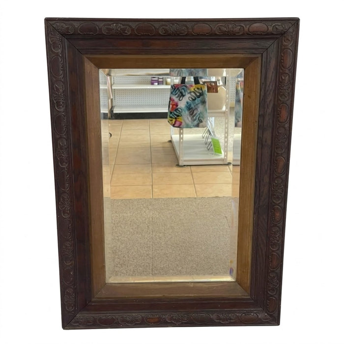 Victorian 1890s UK import Carved Oak Wall Mirror with Beveled Glass and Hanging Chain