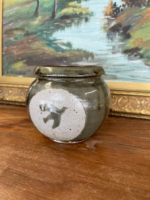 Vintage Studio Pottery Jar with Glazed Bird Silhouette and Earthy Green Finish