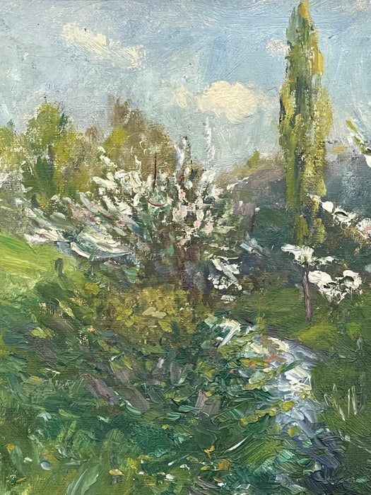 Vintage Impressionist Spring Landscape Painting with Stream in Gilt Toned Frame.