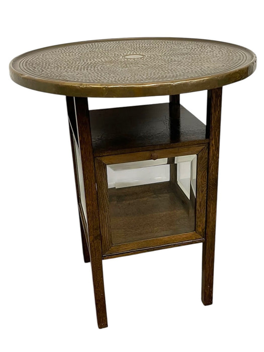Vintage Arts & Crafts Side Table with Hammered Brass Tray Top and Glass Display Cabinet