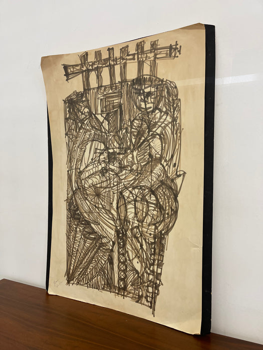 Vintage Abstract Figurative Ink Drawing on Paper, Signed Modernist Expressionist Artwork