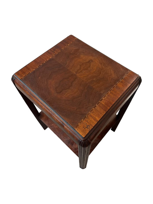 Vintage Art Deco Waterfall Mahogany End Table or Accent Table Shelf with Book-matched Burl Accents and Wood Inlays