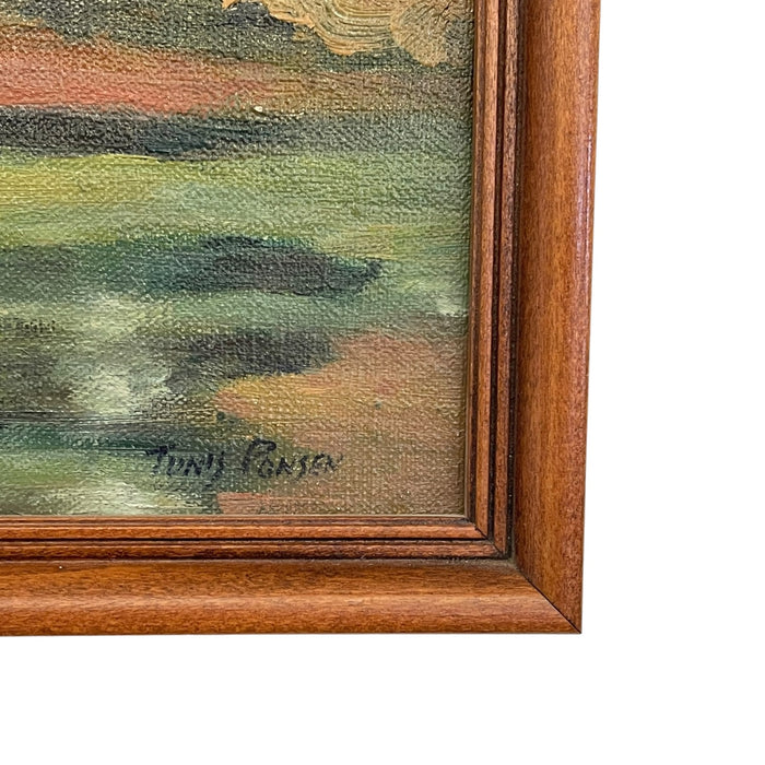 Signed Landscape Painting of Pond with Autumn Trees in Wood Frame