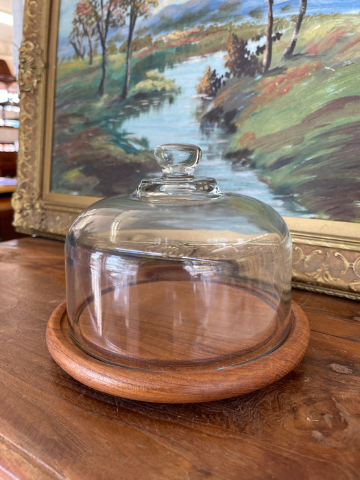 Vintage Mid-Century Modern Glass and Teak Cheese Dome by Goodwood Thailand
