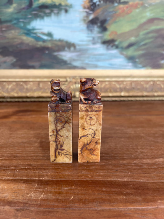 Pair of Hand-Carved Chinese Soapstone Zodiac Seals - Monkey and Ox with Landscape Engravings