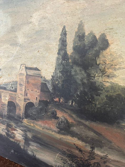 Vintage Oil on Canvas signed painting of a Moody Bridge and Landscape Scene.