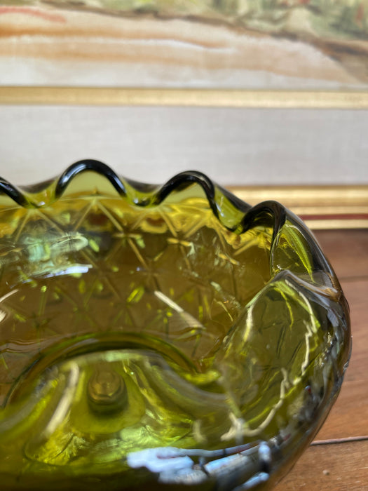 Vintage Green Pressed Glass Bowl with Scalloped Rim and Silver-Toned Floral base.