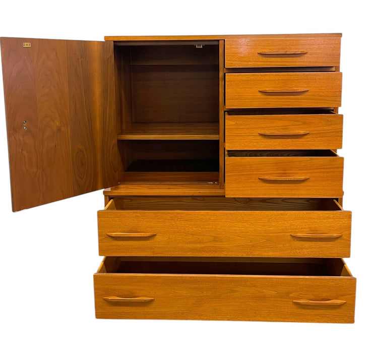Vintage Mid Century Modern Gentleman's Chest Highboy Dresser with Cabinet and Sculpted Pulls