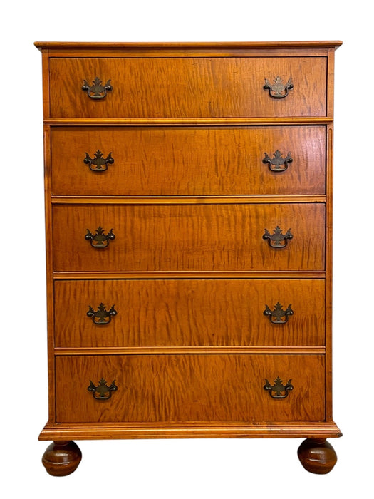 Vintage 5-Drawer Chest with Figured Wood Grain, Dovetailed Drawers and Brass-Toned Hardware