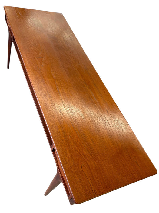 Vintage Mid Century Modern Danish Style Coffee Table with Sculpted Drawer Pulls and Open Shelf Storage