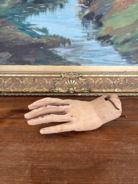 Antique Carved Wooden Articulated Hand Fragment with Original Hook, Likely Religious or Folk Art, 19th Century
