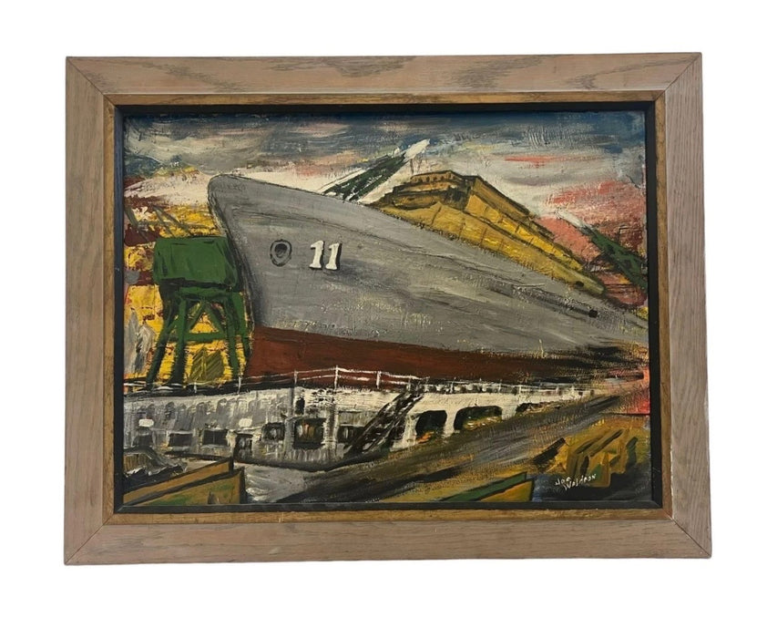 Vintage Mid-Century Industrial Shipyard Painting Signed Framed Harbor Maritime Scene