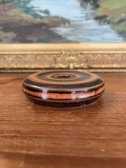 Signed Hank Greer Studio Pottery Donut Vase with Brown and Black Oxide Rings