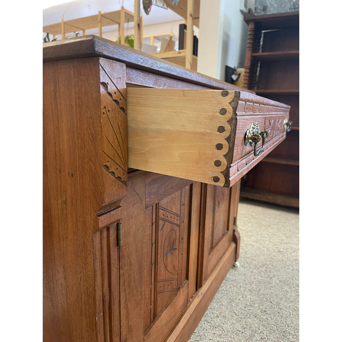 Vintage Carved Wood Victorian Eastlake Style Cabinet on Casters