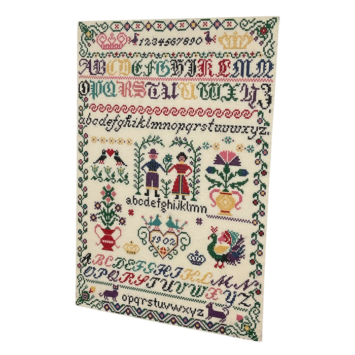 Vintage Hand-Stitched Cross Stitch Alphabet Sampler Needlework Folk Art Textile