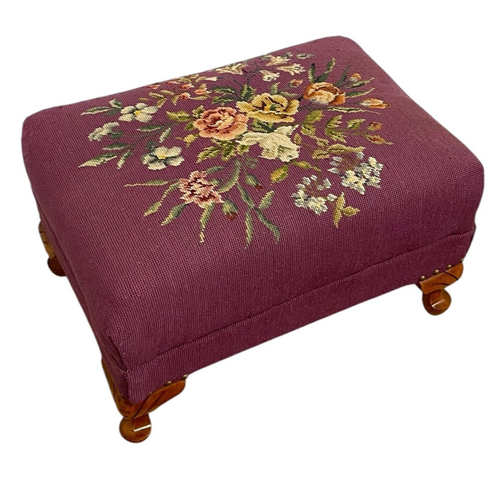 Vintage Upholstered Footstool Ottoman with Floral Needlepoint and Carved Wood Legs
