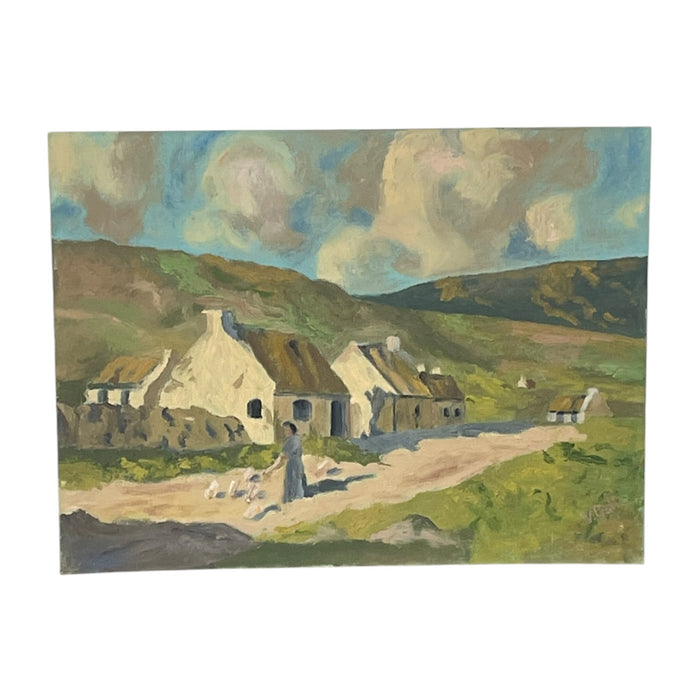 Vintage European Village Landscape Painting on Canvas