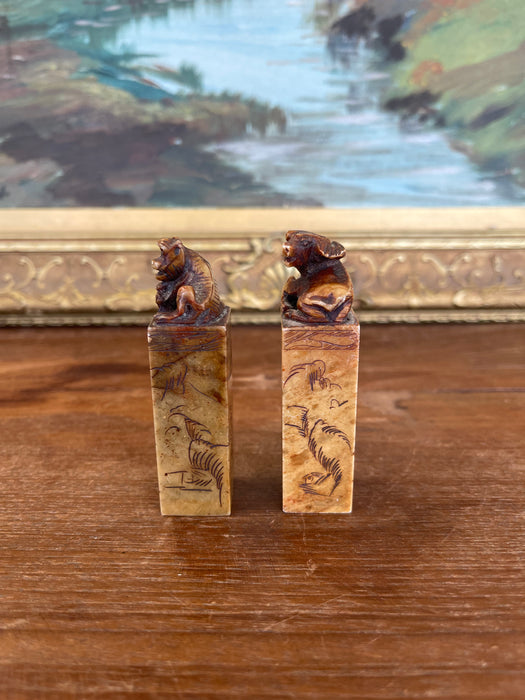 Pair of Hand-Carved Chinese Soapstone Zodiac Seals - Monkey and Ox with Landscape Engravings