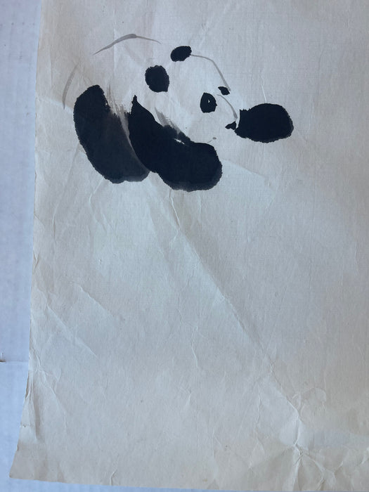Vintage Chinese Brush Painting of Panda Family by J.P. Gaston - Sumi-e Style Wildlife Ink Art on Rice Paper.